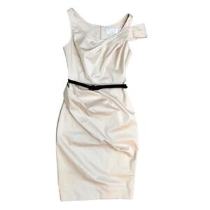 Byron Lars Ruched Off Shoulder Champagne Beige Belted Pencil Dress SZ 8